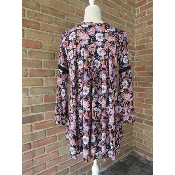 Altar'd State Floral Black Pink Babydoll Boho Mini Dress Bell Sleeve Size XS - Picture 5 of 15